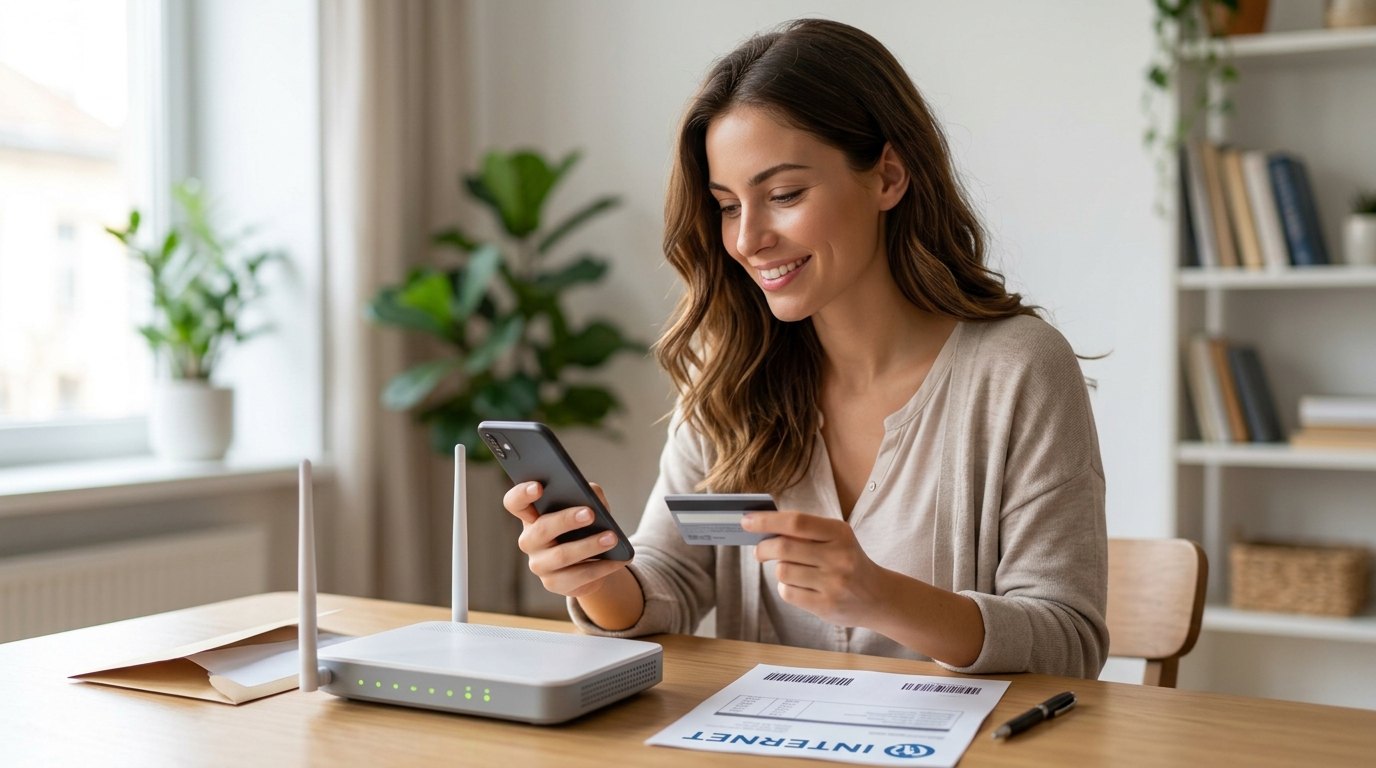 Clienta pagando su recibo de internet desde el celular en casa